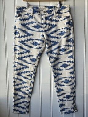 Denim & Supply Ralph Lauren Aztec Skinny Jeans Zipper Ankle Blue White Size 32